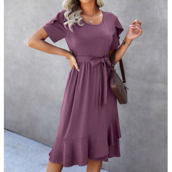 Petal sleeve ruffle wrap hem midi dress - Picture 4 of 4